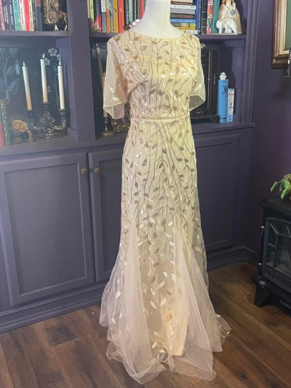 Gold Sequin Evening Gown with Leaf Pattern